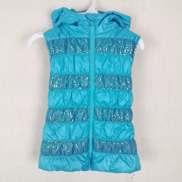 Girl's Lightweight Puffer Vest‎ Hoodie Size Small in Blue w/ Sequins - Picture 1 of 9